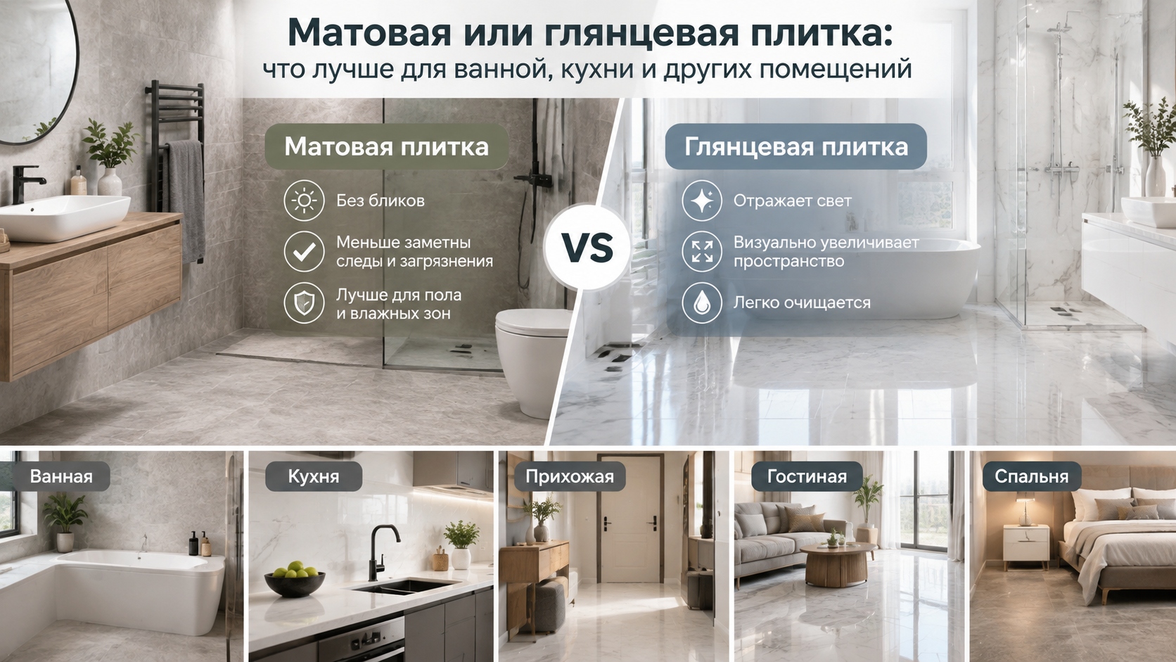 Матовая или глянцевая плитка: что лучше для ванной, кухни и других помещений