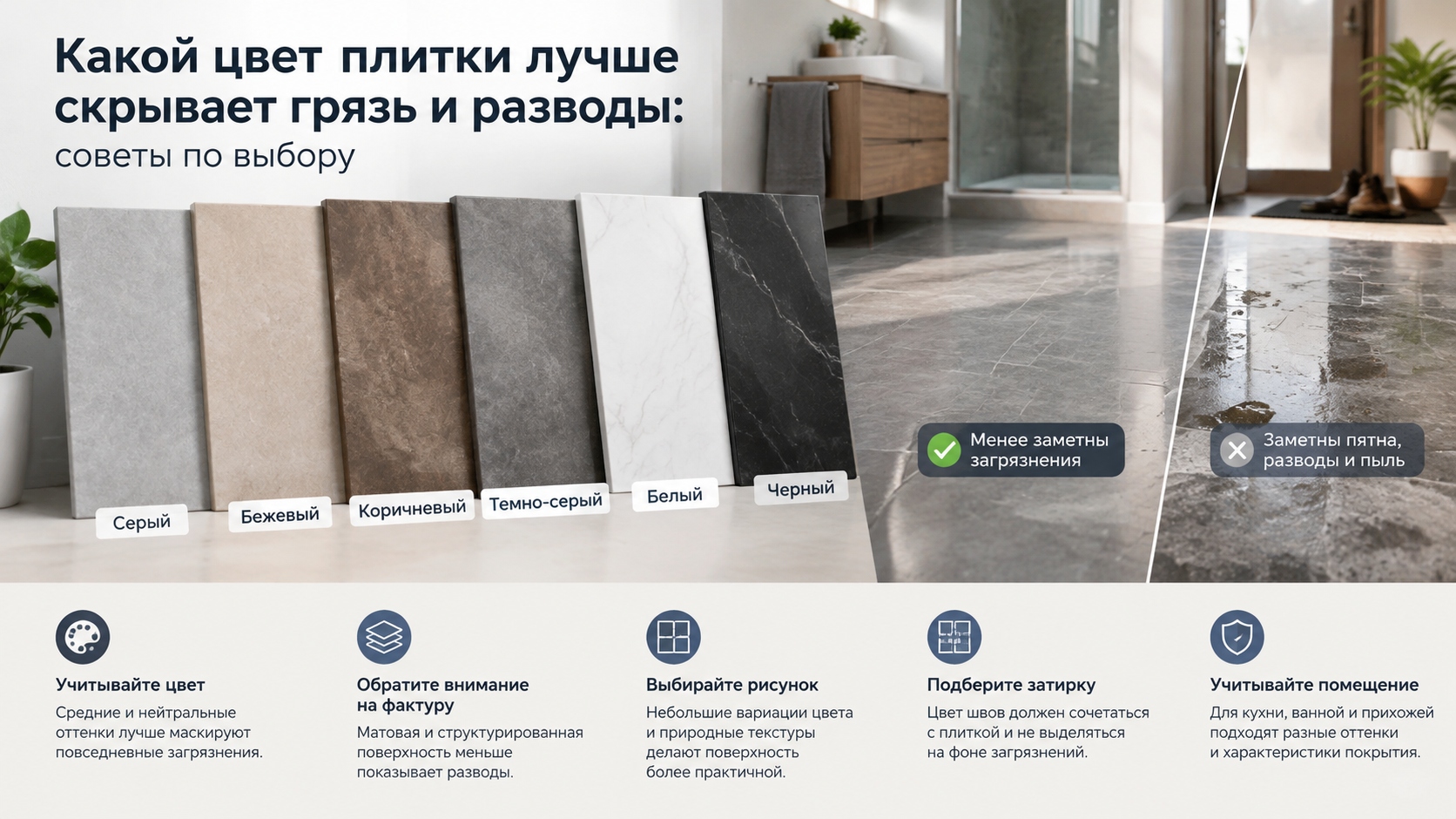 Какой цвет плитки лучше скрывает грязь и разводы: советы по выбору