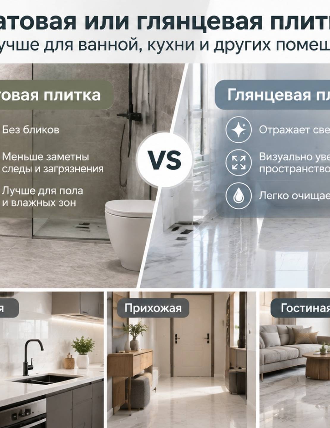 Матовая или глянцевая плитка: что лучше для ванной, кухни и других помещений